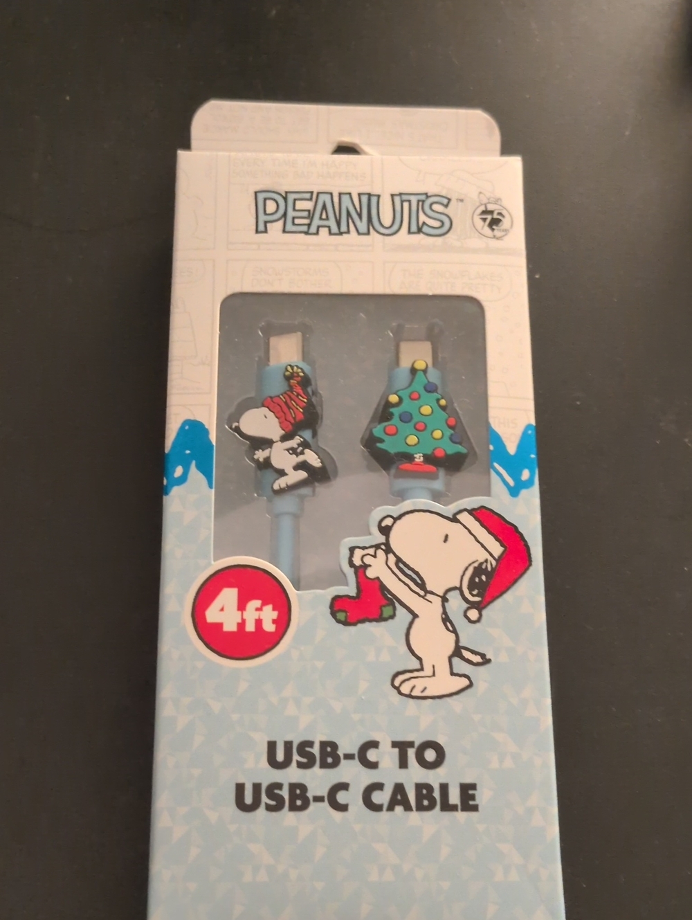 NWT Peanuts Blue USB-C to USB-C Cable with Snoopy & Christmas Tree Connectors